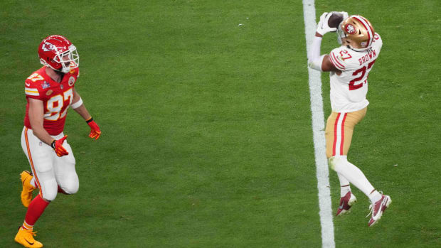 Feb 11, 2024; Paradise, Nevada, USA; San Francisco 49ers safety Ji'Ayir Brown (27) makes a catch against the Kansas City Chiefs during the third quarter of Super Bowl LVIII between Kansas City Chiefs and San Francisco 49ers at Allegiant Stadium. Mandatory Credit: Joe Camporeale-USA TODAY